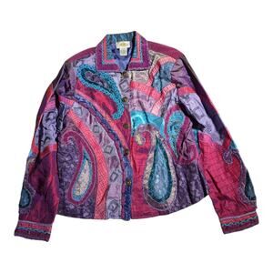 Vtg Y2K Sandy Starkman Purple Blue Silk Blend Paisley Patchwork Jacket Sz M